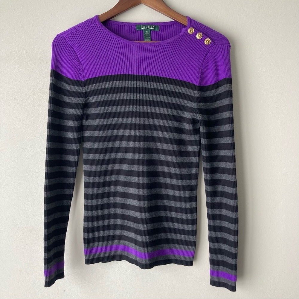 Lauren Ralph Lauren Purple Grey Striped Ribbed Button Shoulder Sweater Mens M‎